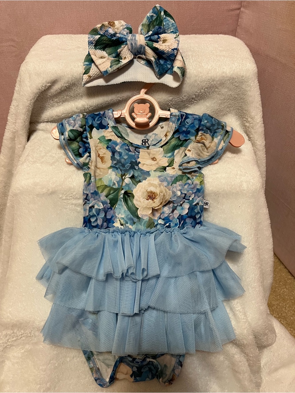 Bums & Roses Once in a Blue Bloom Bamboo Tulle Bodysuit Dress + Bow | 6–12M
